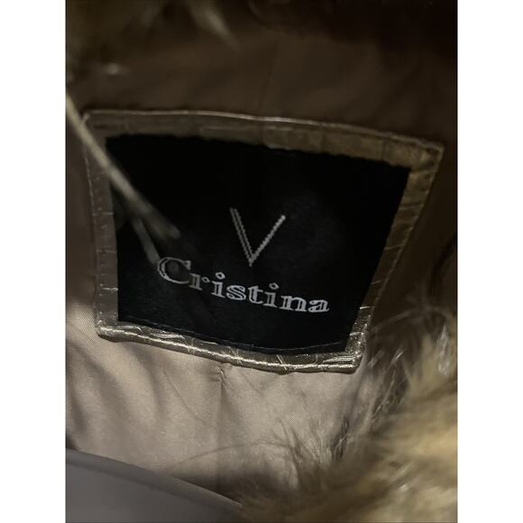 V Cristina Faux Leather Crocodile Textured Jacket Gold Faux Fur Trim Size M - Picture 11 of 12
